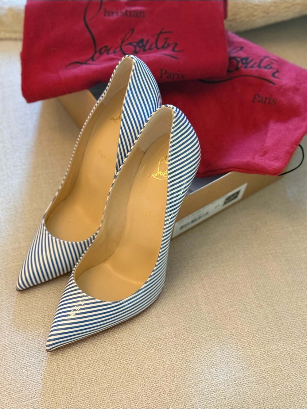 Christian Louboutin Blue and White Striped Pointed Toe Pumps